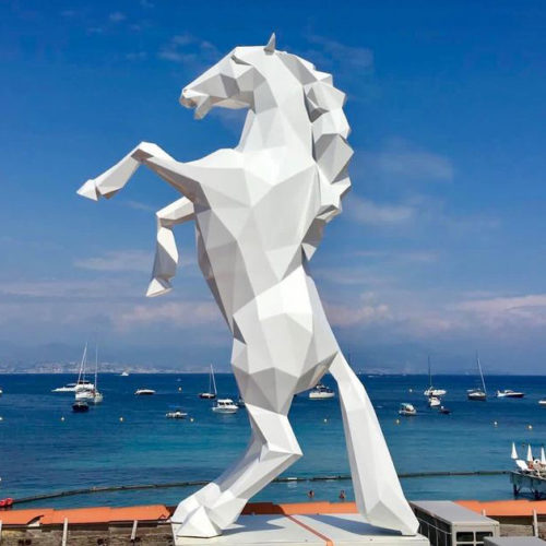 Harbor Geometric Dynamic Pose Rearing White Fiberglass Standing Horse Sculpture