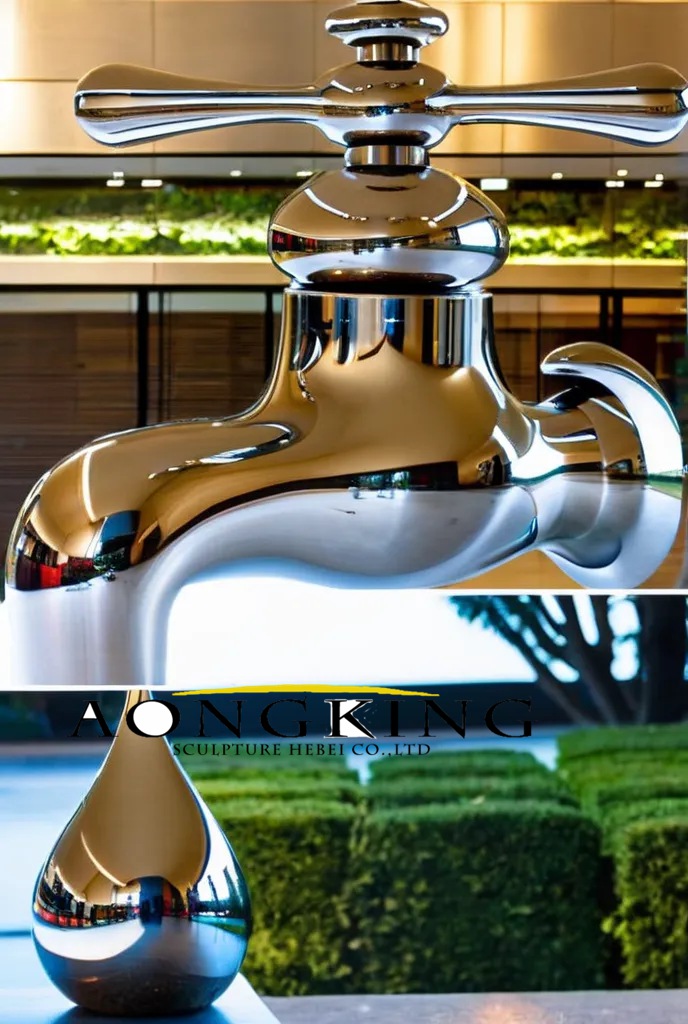 Showroom origin of life faucet and waterdrop metal sculpture indoors