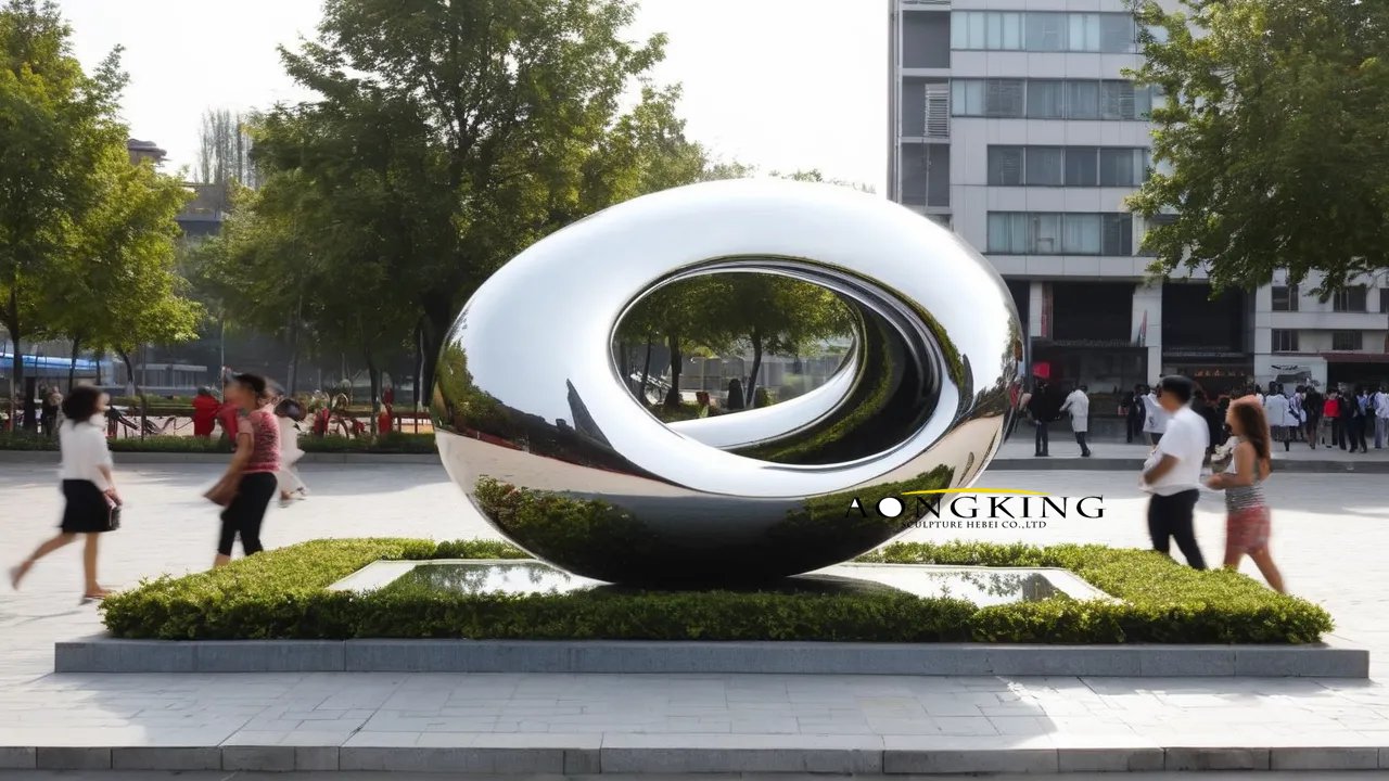 Minimalist flowerbed elliptic centerpiece abstract outdoor sculpture stainless steel