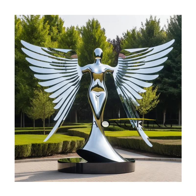 Urban Park futurism aesthetics graceful winged angel sculpture stainless steel