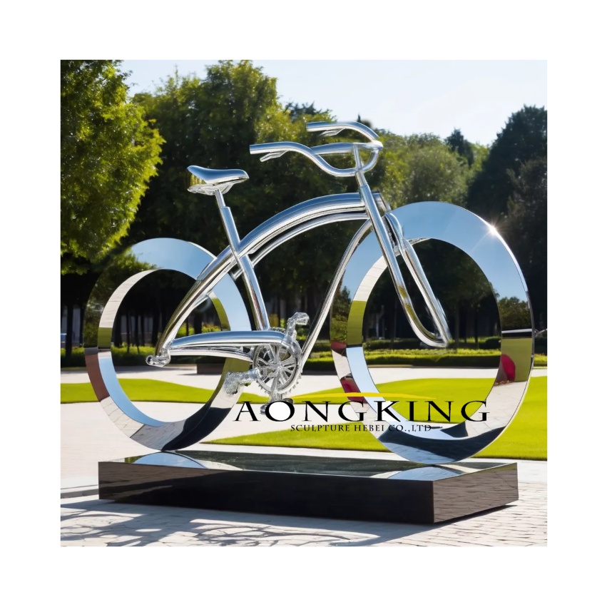 Sustainable transportation theme park metallic public bike statue