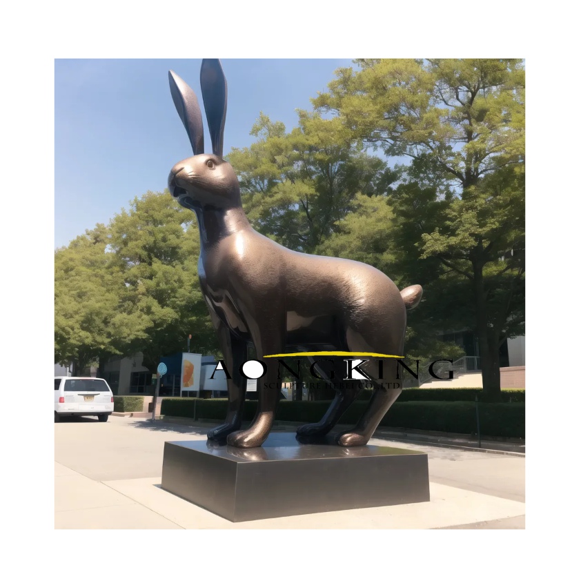 Roadside massive European hare bronze rabbit sculpture