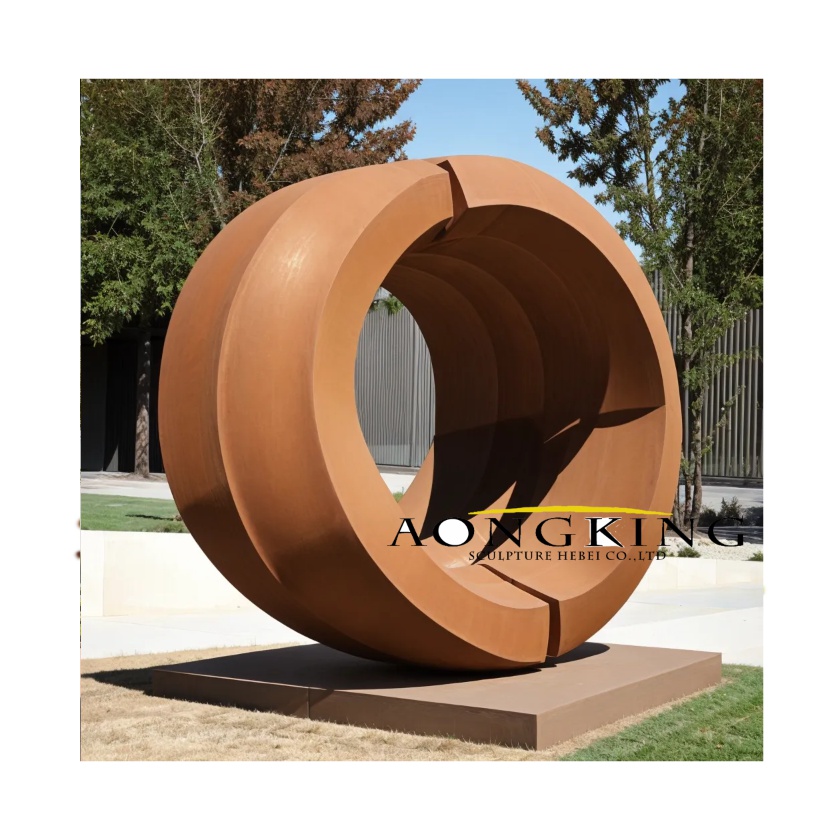 Industrial inclined wheel Corten circle garden sculpture