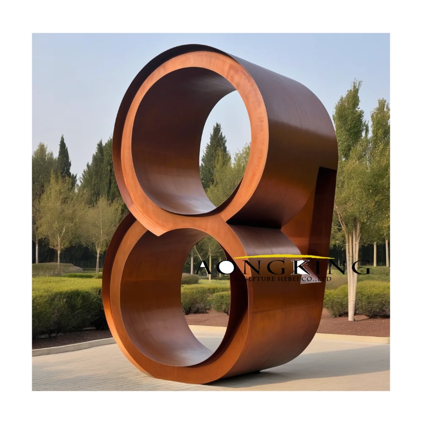 Industrial style symbolism infinity number 8 Corten steel sculpture