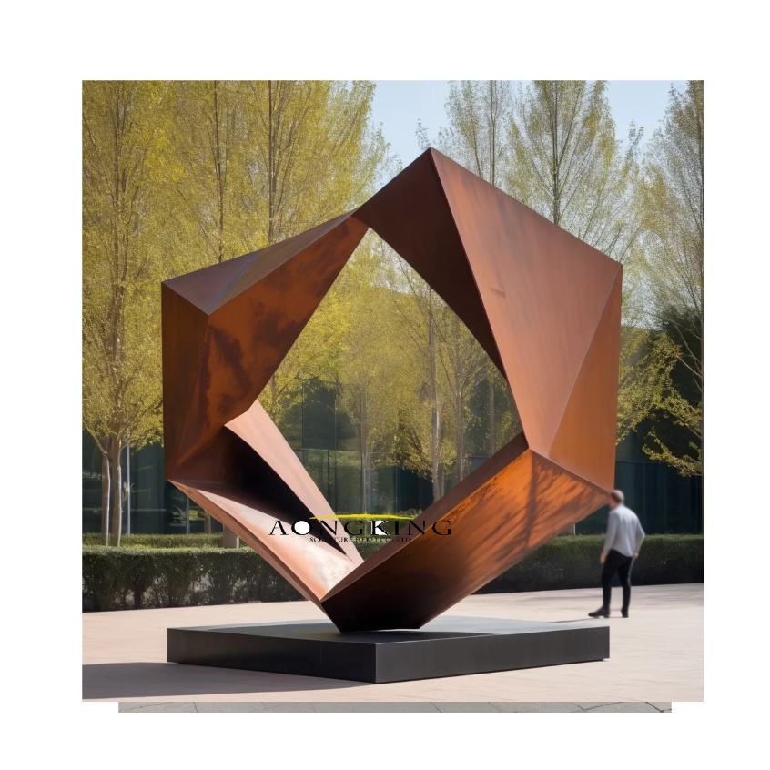 Asymmetry focal point geometric cutting Corten steel statue