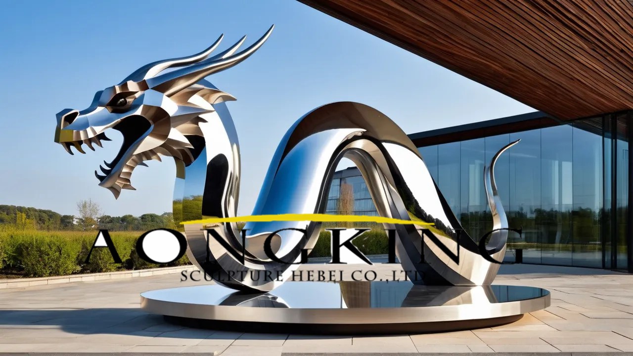 Resort hotel mythical mascot polished regal metal dragon sculpture