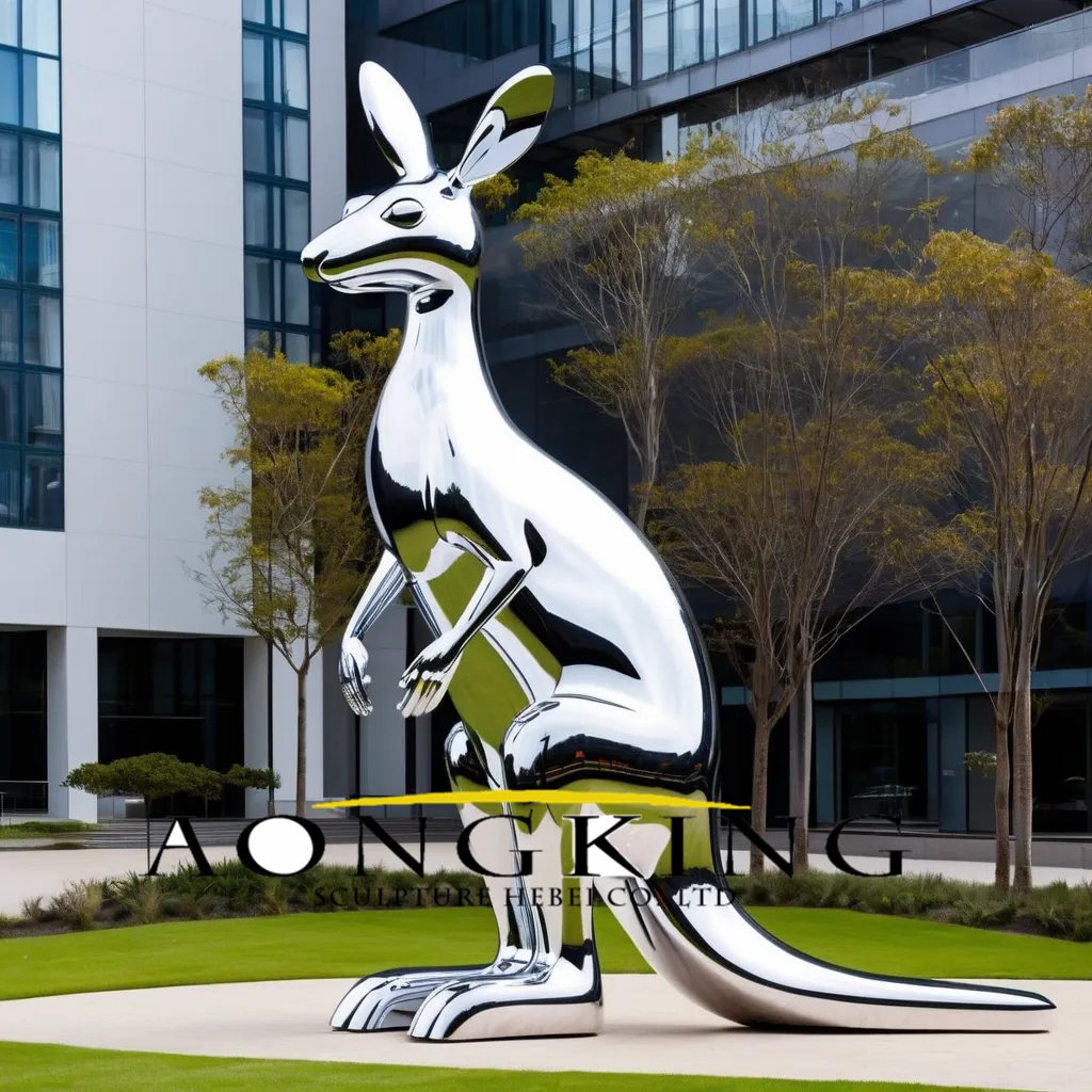 Business park standing sleek marsupial large kangaroo sculpture stainless steel