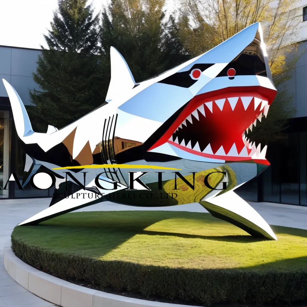 House garden laser cutting geometric fierce shark sculpture stainless steel