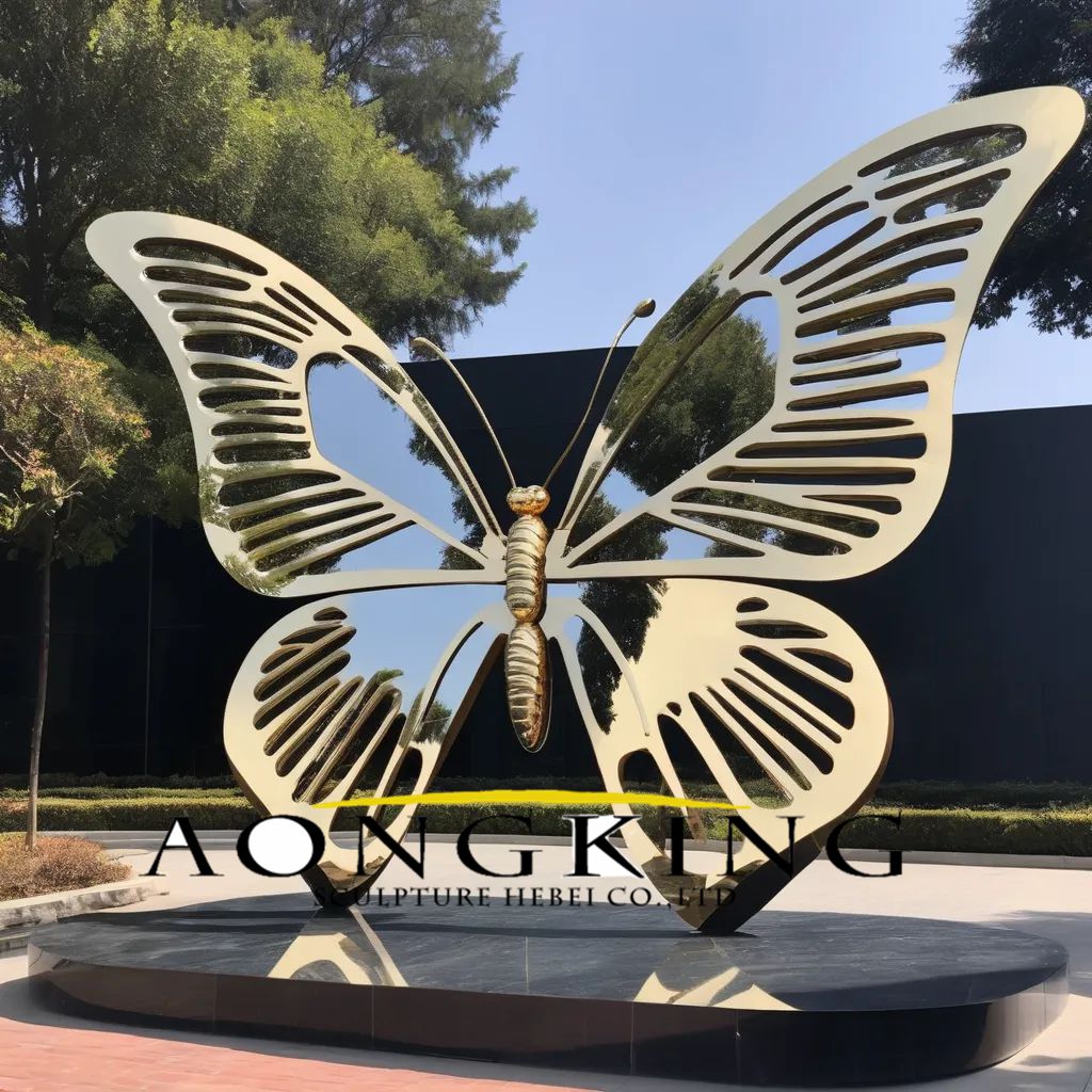 Walking trail symmetry translucent metal butterfly sculpture