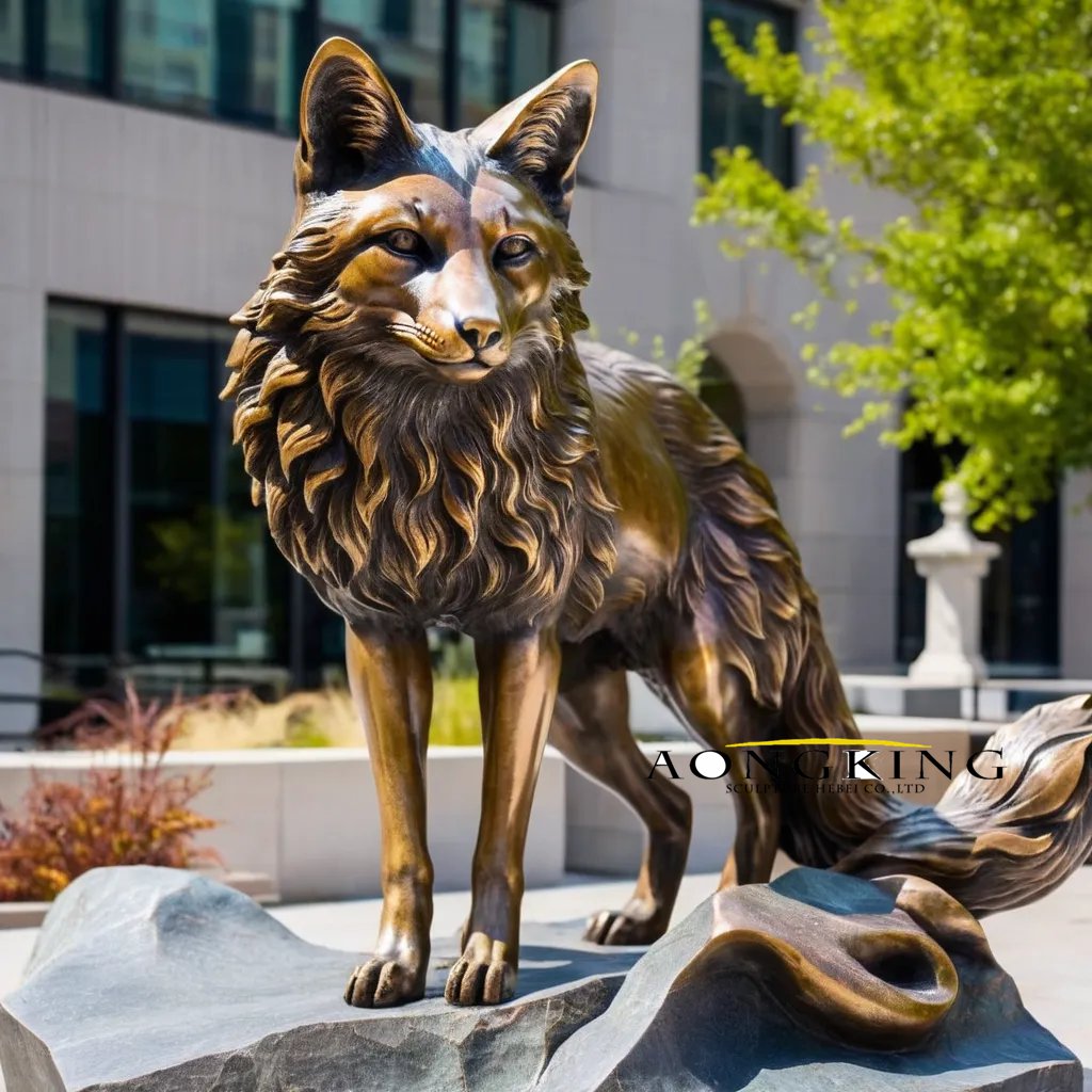 Exhibition hall outdoor wildlife alert bronze standing fox statue