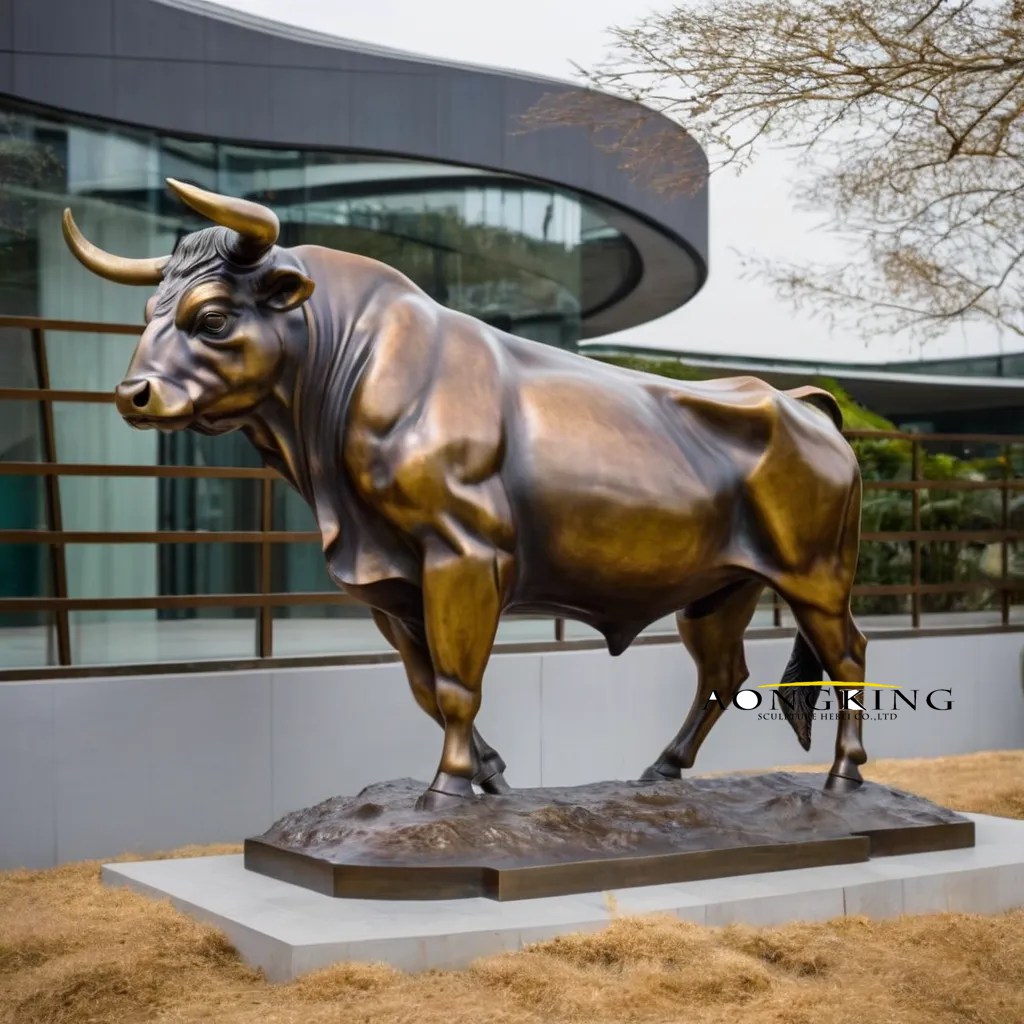 Cultural center commissioned cast robust standing bronze bull statue