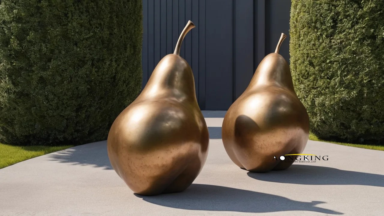 Organic fruit garden path aesthetic tilted metal pear sculpture