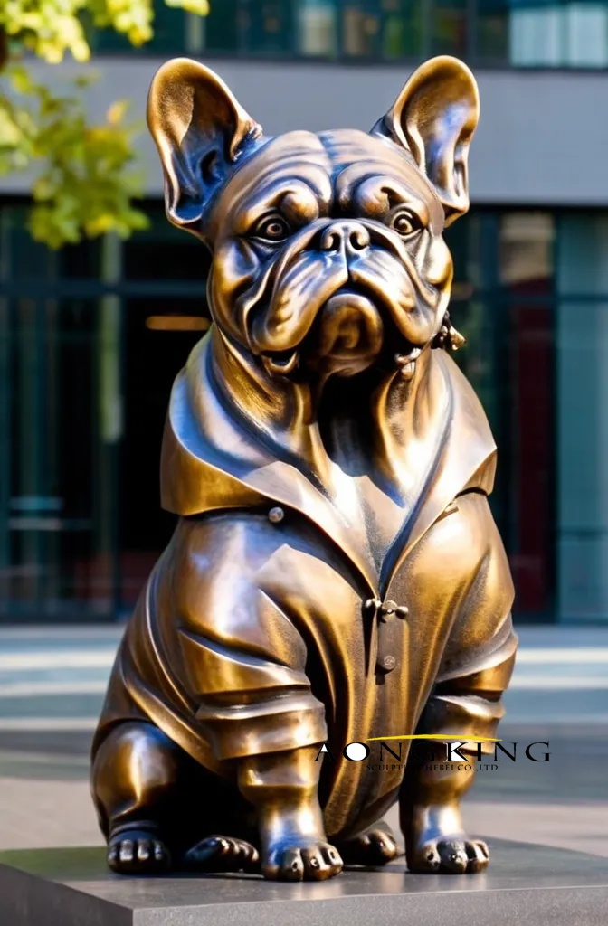 Interactive art loyal pet dressed cute bronze French bulldog statue