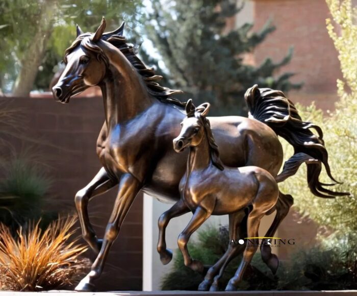 Dynamic movement trotting mare and foal horse sculptures for sale
