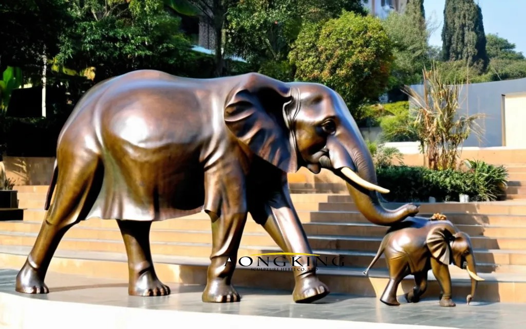 Zoo walking mother and calf elephant garden statues bronze