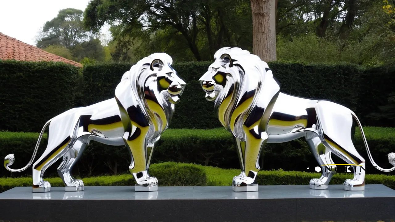 Garden shed polished standing lions animal metal sculptures