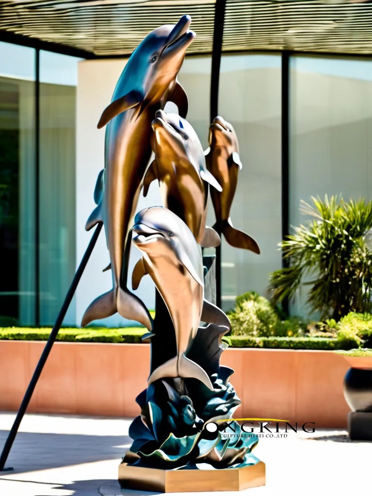 Marine park synchronized upward dynamic bronze dolphin statue