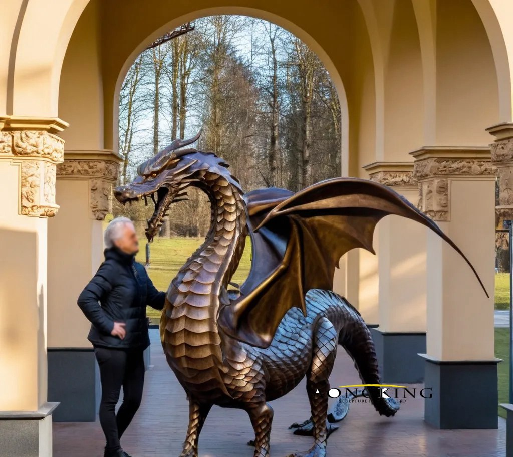 Fantasy creature noble winged quadrupedal dragon garden statues